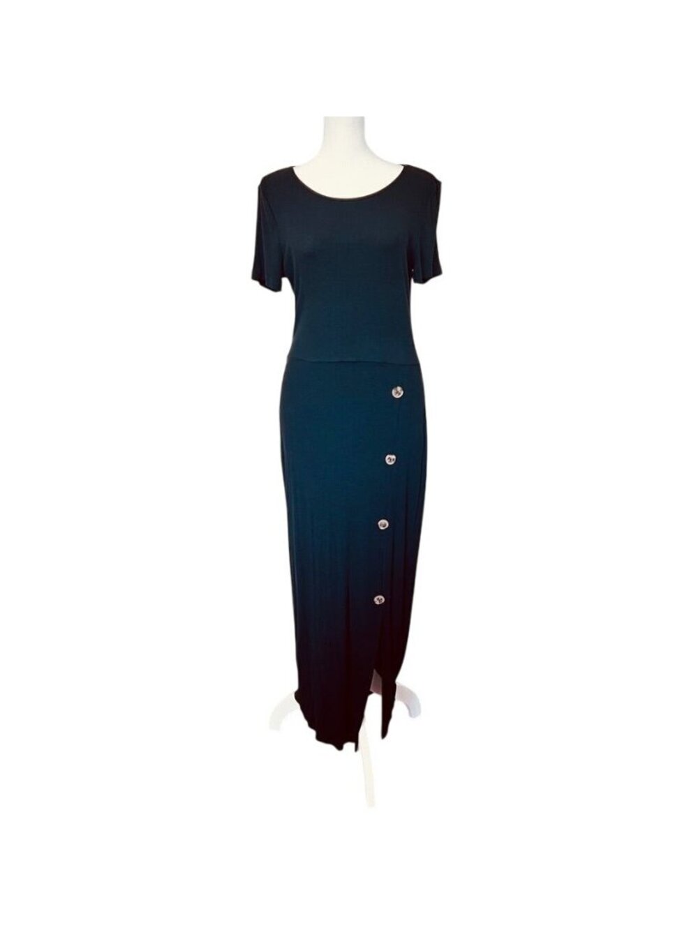 Black Ribbed Womens L Midi Dress Soft Stretch Minimalist Quiet Luxury Old Money - Picture 3 of 13